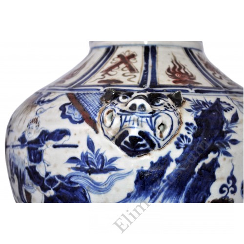 1384 A  blue and red pot depicting a  "Red Turban " cavalryman fighting